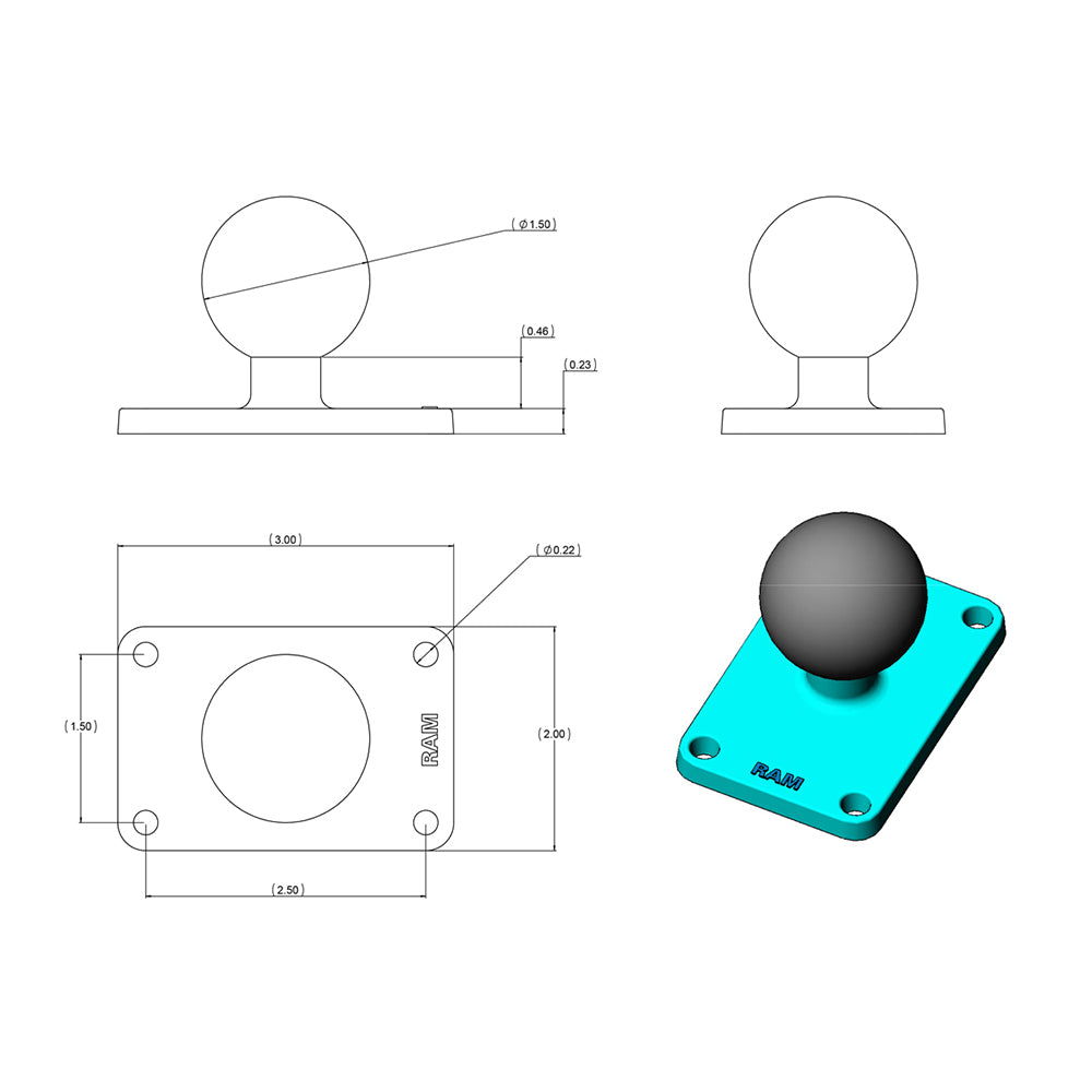 RAM Mount 2" x 3" Rectangle Base w/1.5" Ball [RAM-202U-23]