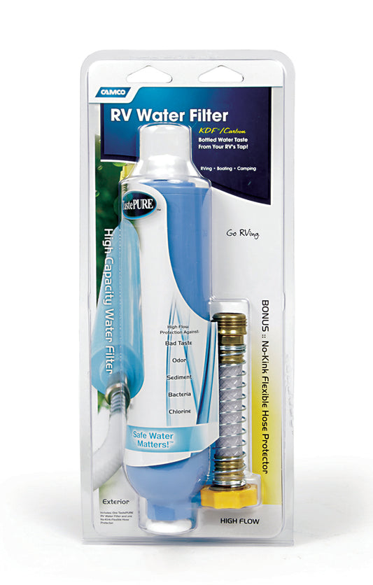 Camco TastePURE KDF/Carbon Water Filter w/Flexible Hose Protector [40043]